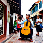 A skilled Malaysian street musician, fully clothed in modest, traditional-inspired attire, performing with a classic acoustic guitar on a lively pedestrian street in historic Malacca. A small, tastefully designed sign with a QR code for digital donations is subtly placed near their open instrument case. The background features blurred, charming colonial-era shophouses and a diverse, appreciative crowd of onlookers. This scene captures the authentic spirit of traditional busking with a modern touch, featuring perfect anatomy, correct proportions, natural pose, well-formed hands, proper finger count, and natural body proportions. It is safe for work, appropriate content, fully clothed, and family-friendly, rendered with professional photography quality.