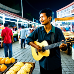 **

"A street performer, fully clothed in modest attire, playing a guitar in a bustling pasar malam (night market) in Malaysia. Vendors sell food and crafts in the background. The performer has perfect anatomy, correct proportions, and a natural pose. Appropriate content, safe for work, professional photography, high quality."

**