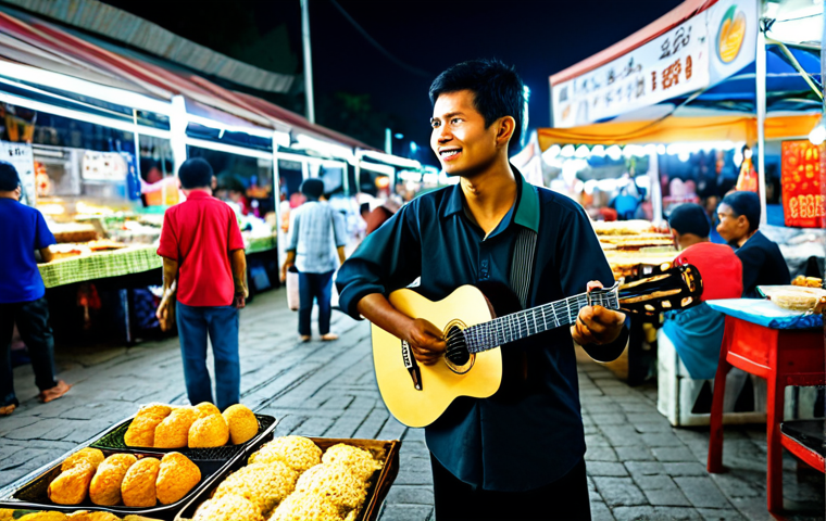 **
"A street performer, fully clothed in modest attire, playing a guitar in a bustling pasar malam (night market) in Malaysia. Vendors sell food and crafts in the background. The performer has perfect anatomy, correct proportions, and a natural pose. Appropriate content, safe for work, professional photography, high quality."
**