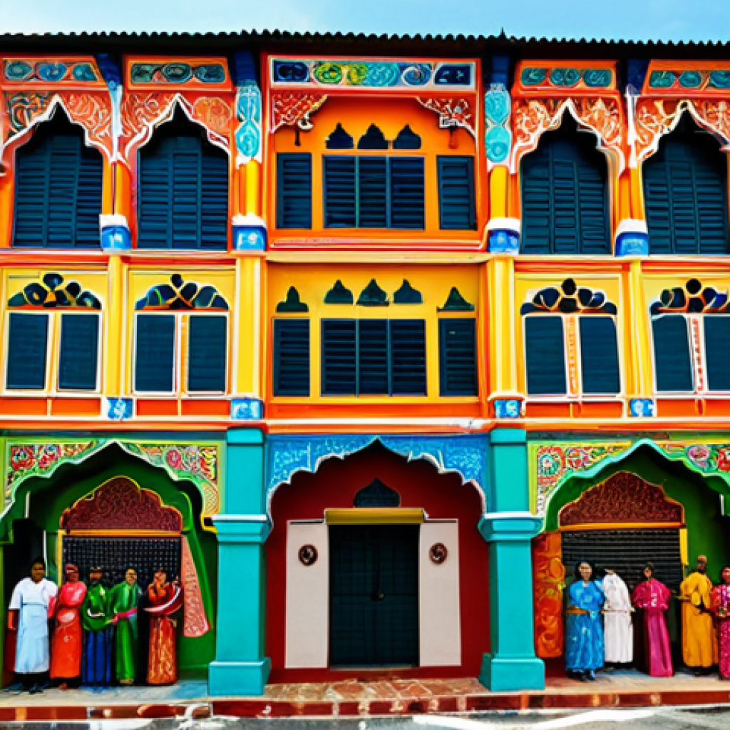 Community Mural**

"A vibrant mural depicting Malaysian culture and unity, painted on a building in Georgetown, Penang. The mural features diverse figures in traditional clothing, celebrating festivals like Hari Raya and Deepavali. Bright colors, playful composition, fully clothed figures, appropriate attire, safe for work, perfect anatomy, natural proportions, professional art illustration, high quality, family-friendly."

**